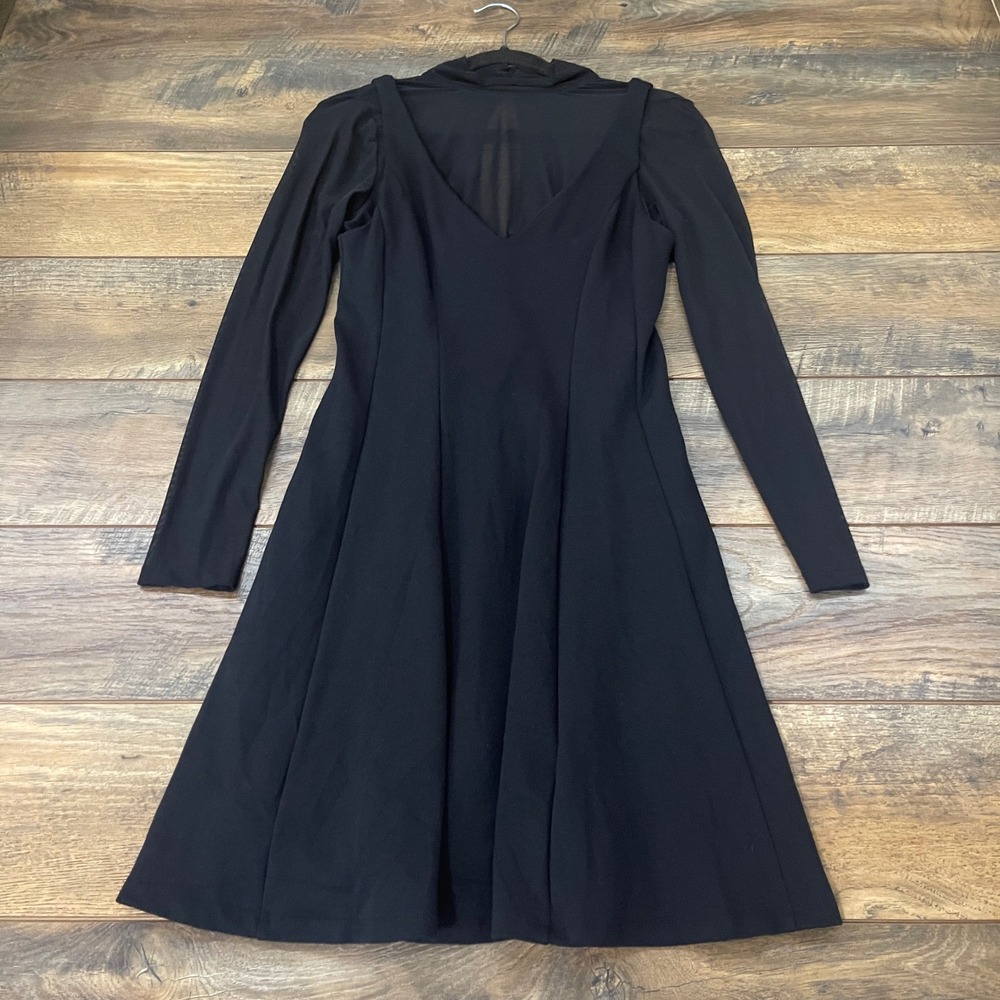 Maeve Anthropologie Black Mock Neck Mesh Fit Flare Dress Small Lined Sheer Arms